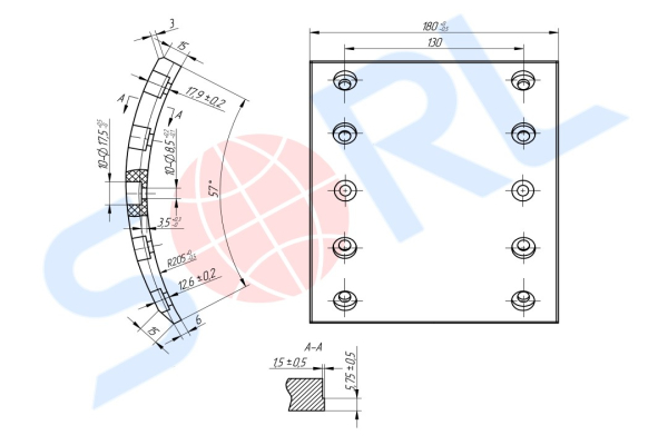 Накладка тормозная, к-т 8шт+заклепки 80шт 420x180 1-й рем. BPW, SAF (19032) SORL