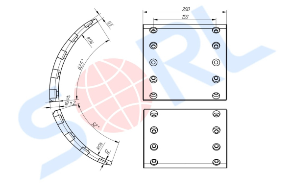 Накладка тормозная, к-т 8шт+заклепки 72шт 360x200 STD BPW (19902) SORL