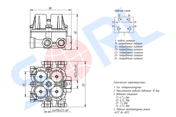 Клапан защитный 4-х контурный MB, MAN (AE4162) SORL