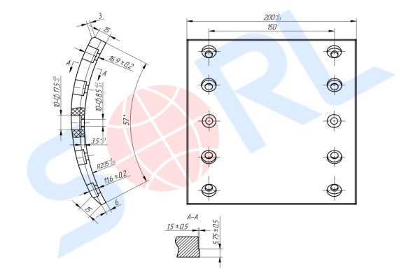 Накладка тормозная, к-т 8шт+заклепки 80шт 420x200 STD BPW, DAF, SAF (19094) SORL