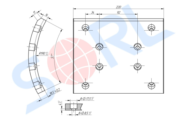 Накладка тормозная, к-т 8шт+заклепки 64шт 414x220 STD RENAULT (19187) SORL